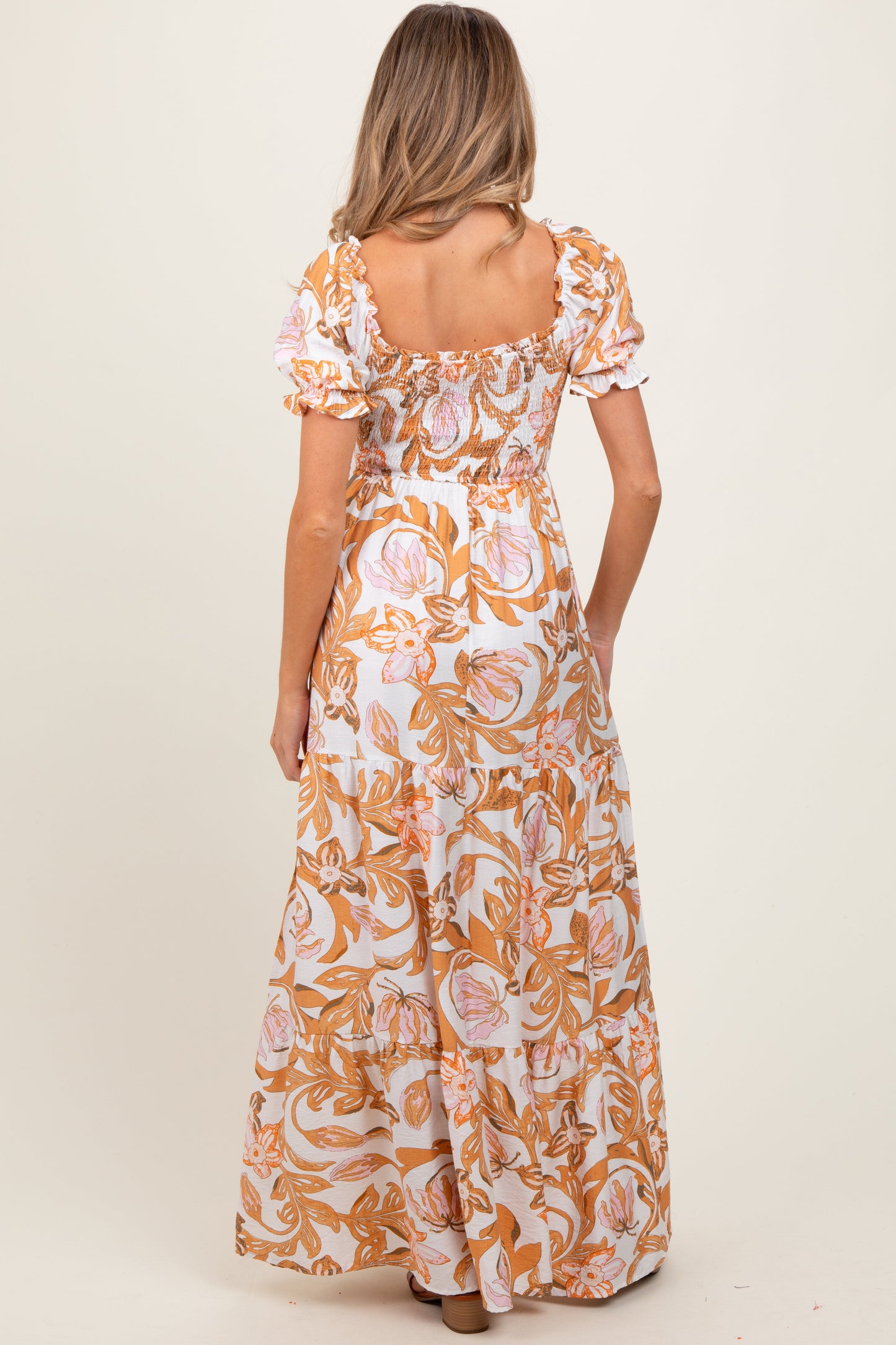 Taupe Floral Smocked Front Tie Maternity Maxi Dress