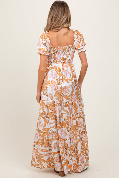 Taupe Floral Smocked Front Tie Maternity Maxi Dress
