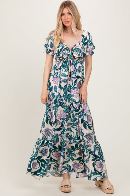 Teal Floral Smocked Front Tie Maternity Maxi Dress