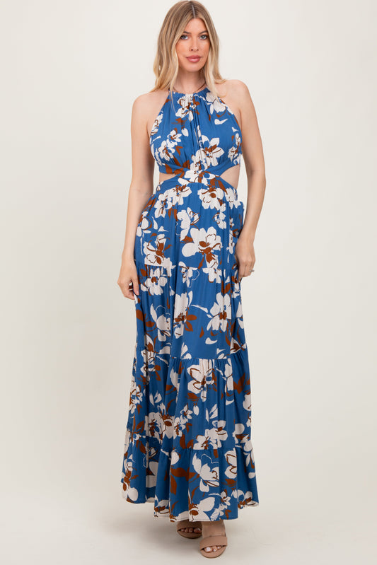 Blue Floral Halter Side Cutout Maxi Dress