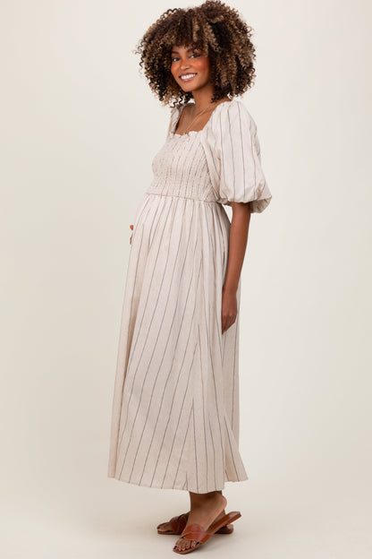 Beige Linen Stripe Puff Sleeve Maternity Midi Dress