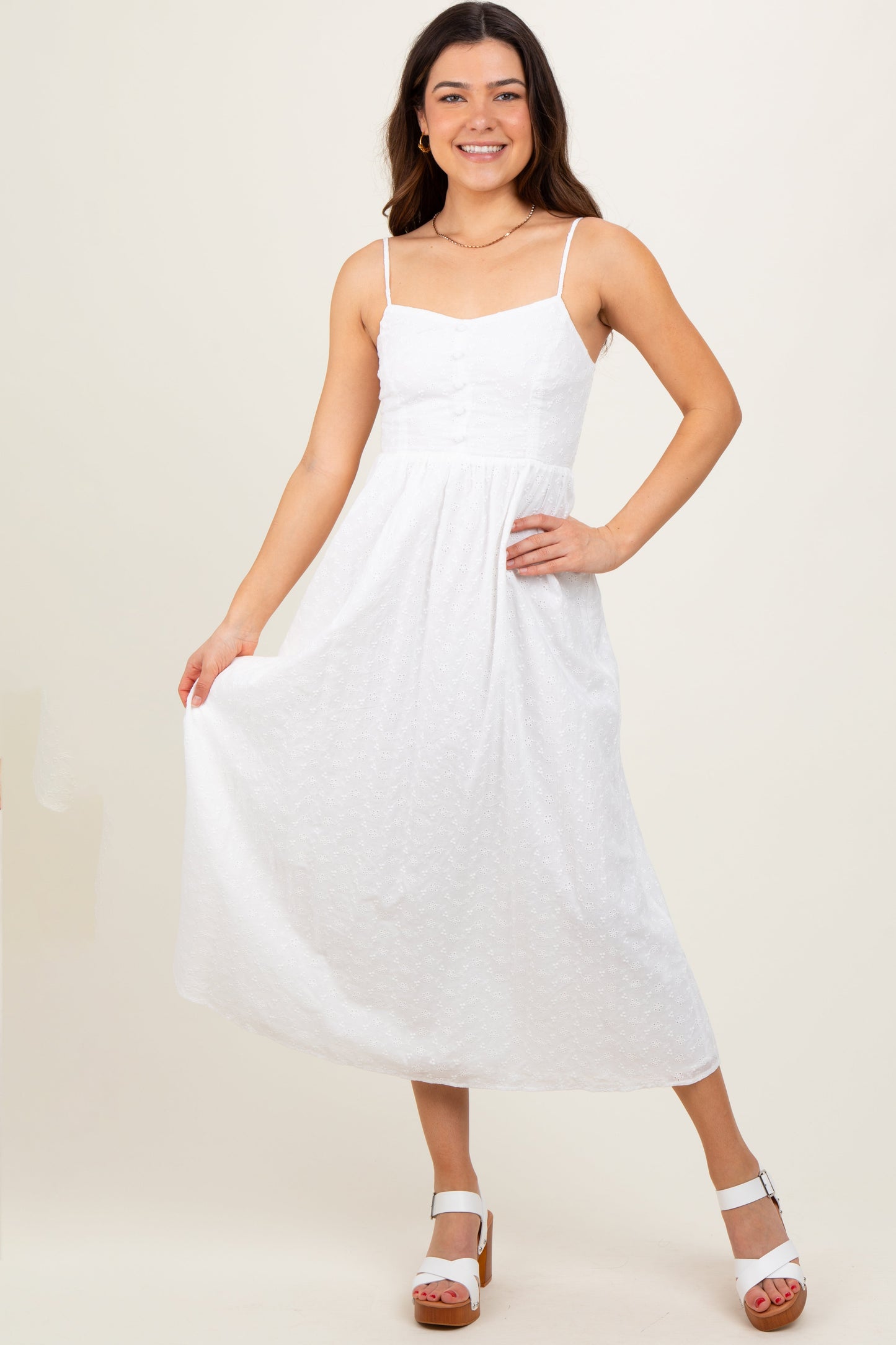 White Eyelet Front Button Sleeveless Midi Dress