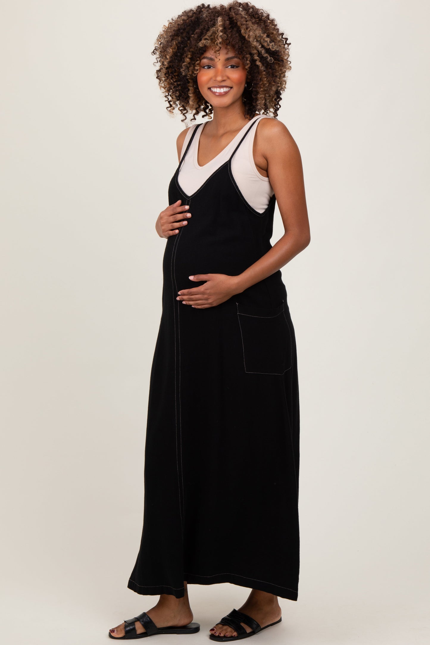 Black Linen Mixed Overall Maternity Midi Dress