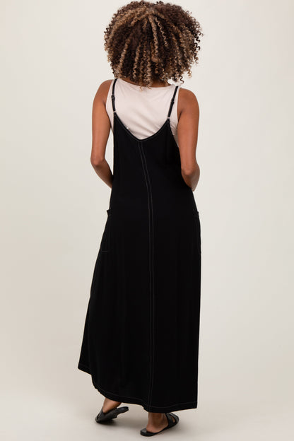 Black Linen Mixed Overall Maternity Midi Dress