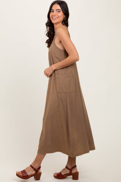 Olive V-Neck Overall Midi Dress