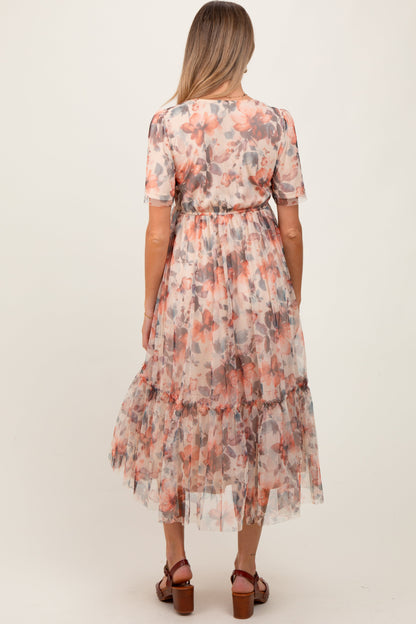 Peach Floral Mesh Sweetheart Neck Maternity Midi Dress
