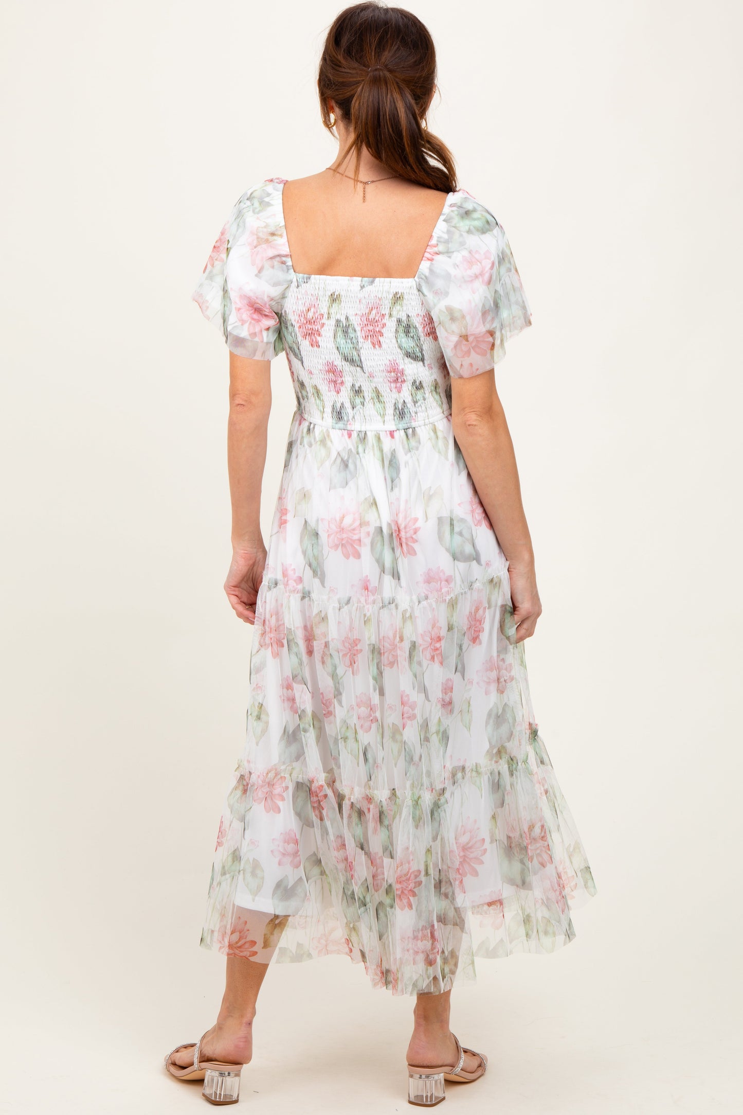 Ivory Floral Mesh Smocked Midi Dress
