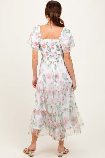 Ivory Floral Mesh Smocked Midi Dress