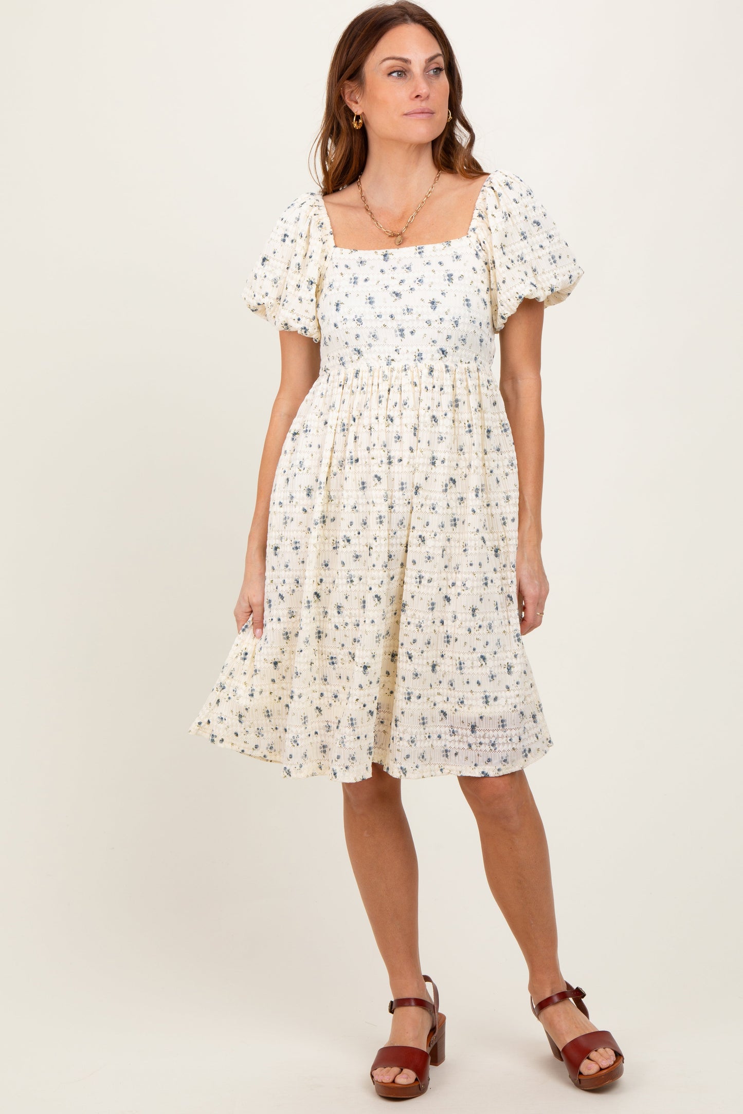 Cream Textured Knit Square Neck Maternity Midi Dress
