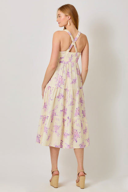 Cream Floral Tiered Crisscross Back Midi Dress
