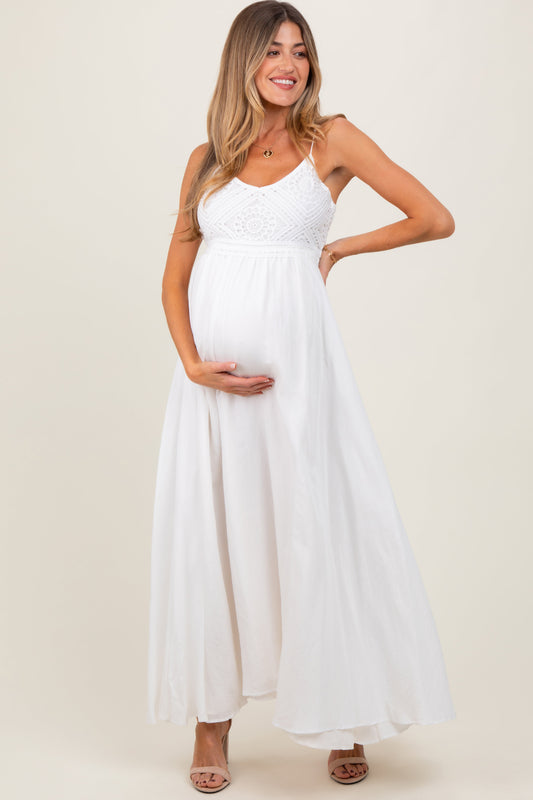White Crochet Bodice Maternity Maxi Dress