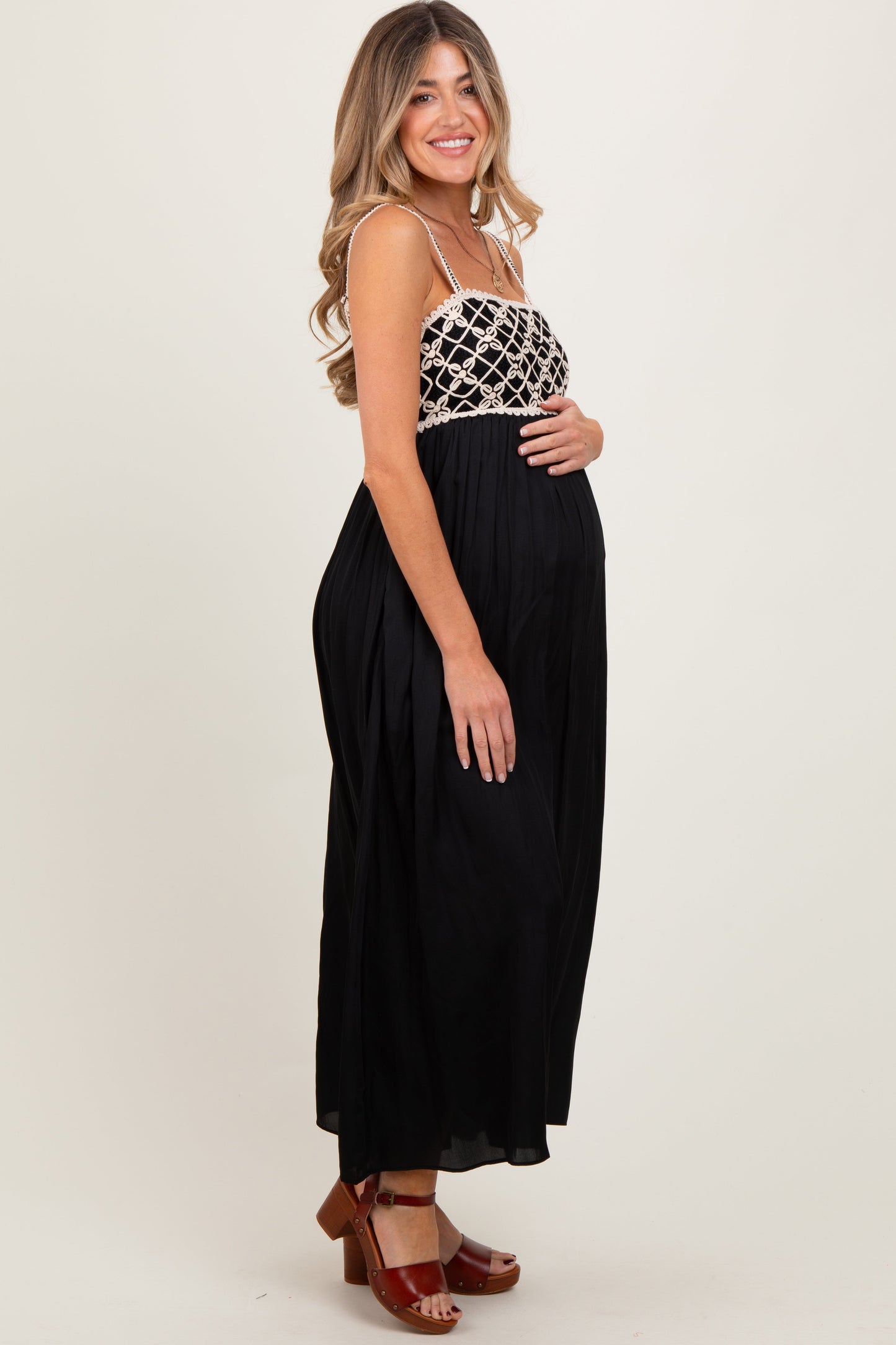 Black Embroidered Bodice Maternity Maxi Dress