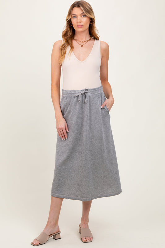 Heather Grey Terry Drawstring Maternity Midi Skirt