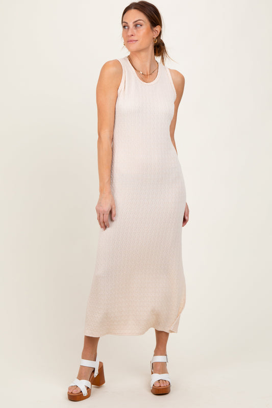 Cream Jacquard Sleeveless Side Slit Midi Dress