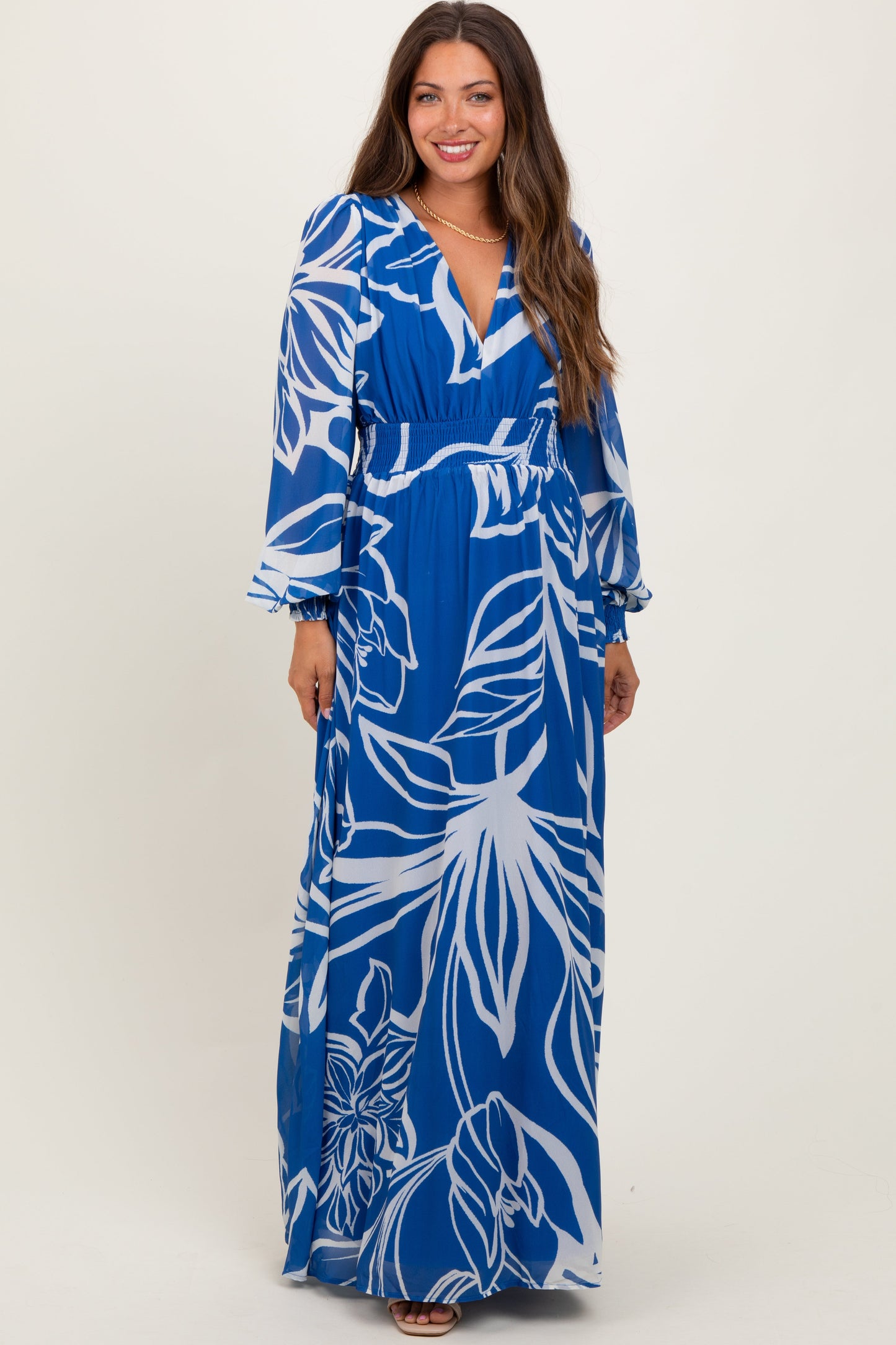 Navy Floral Smocked Waist Long Sleeve Maternity Maxi Dress