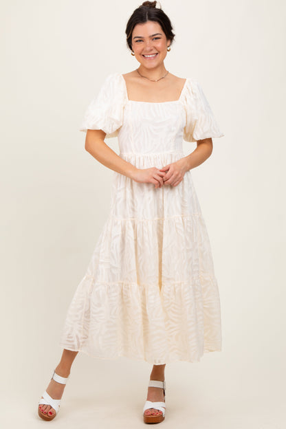 Cream Jacquard Puff Sleeve Tiered Midi Dress