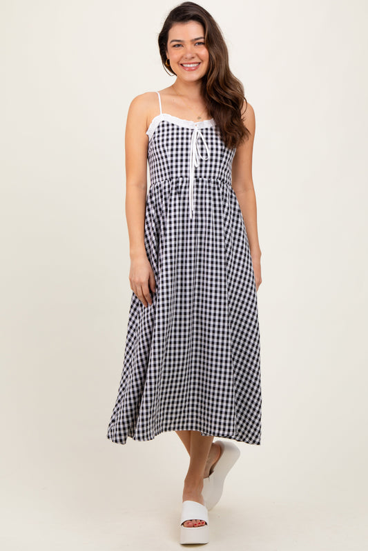Black Gingham Smocked Trim Midi Dress