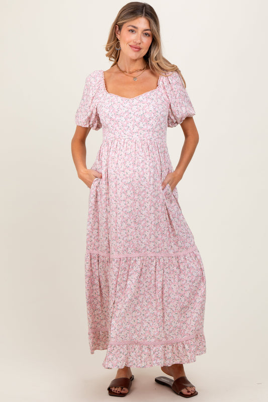 Light Pink Floral Sweetheart Maternity Maxi Dress