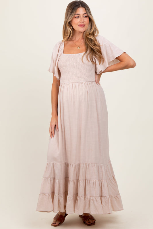 Cream Smocked Cotton Flutter Sleeve Maternity Maxi Dress