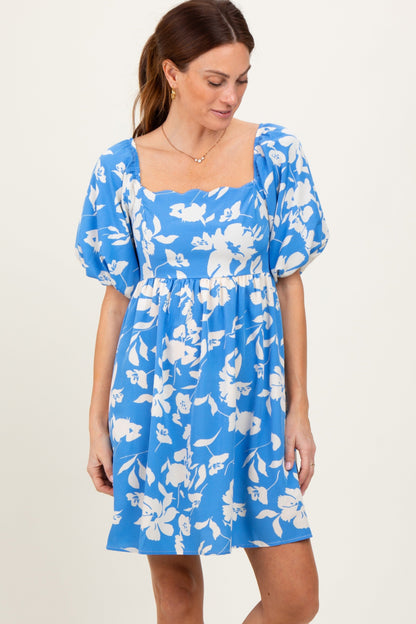 Blue Floral Puff Sleeve Mini Dress