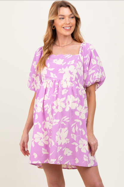 Lavender Floral Puff Sleeve Maternity Mini Dress