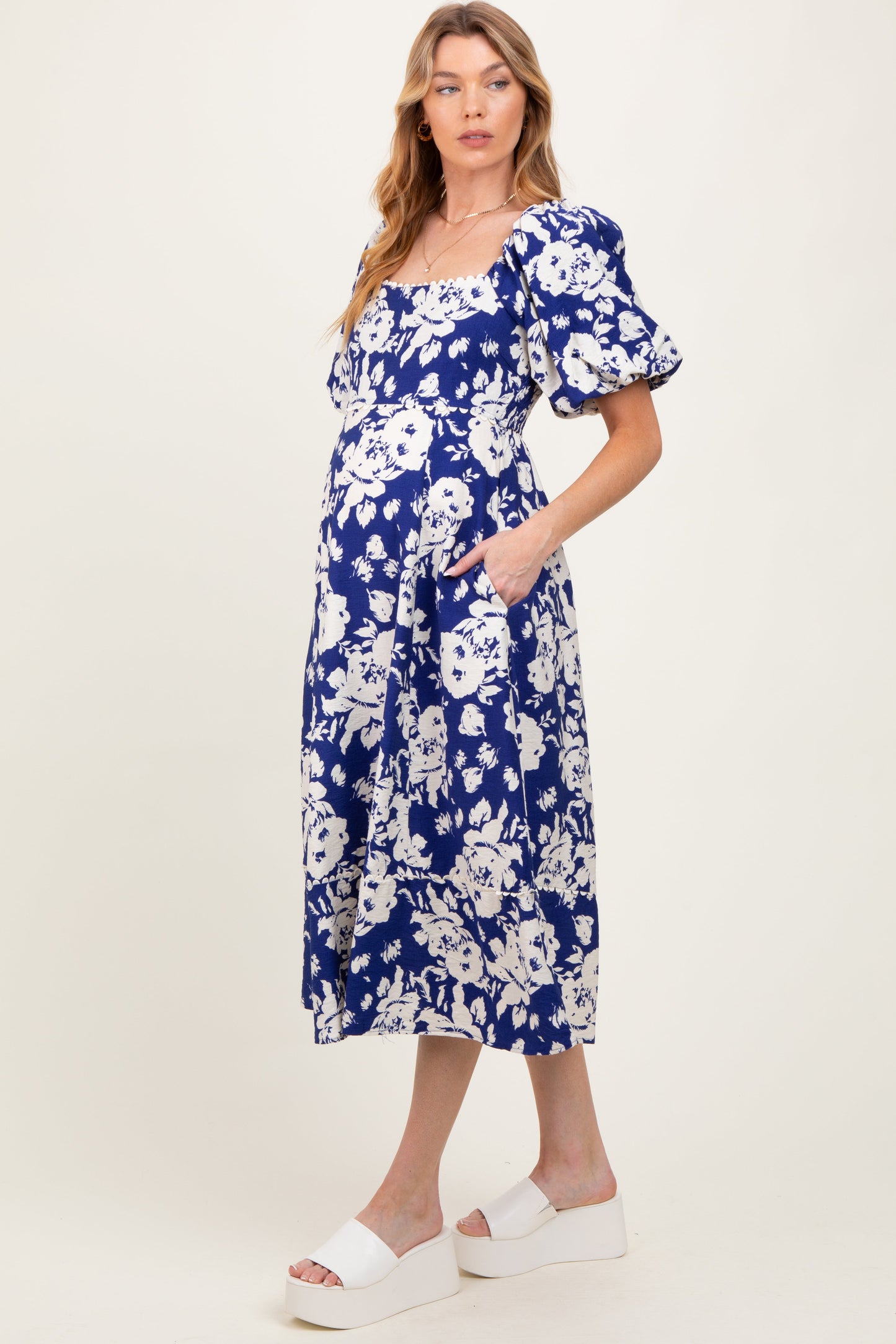 Navy Floral Scallop Trim Puff Sleeve Maternity Midi Dress