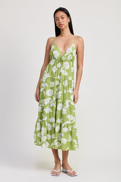 Lime Floral Front Tie Tiered Midi Dress