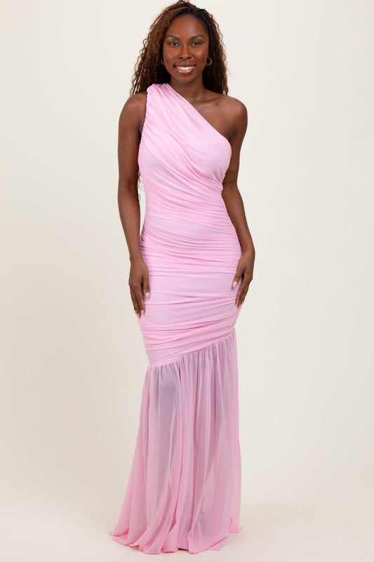 Light Pink Ruched Mesh One Shoulder Maxi Dress