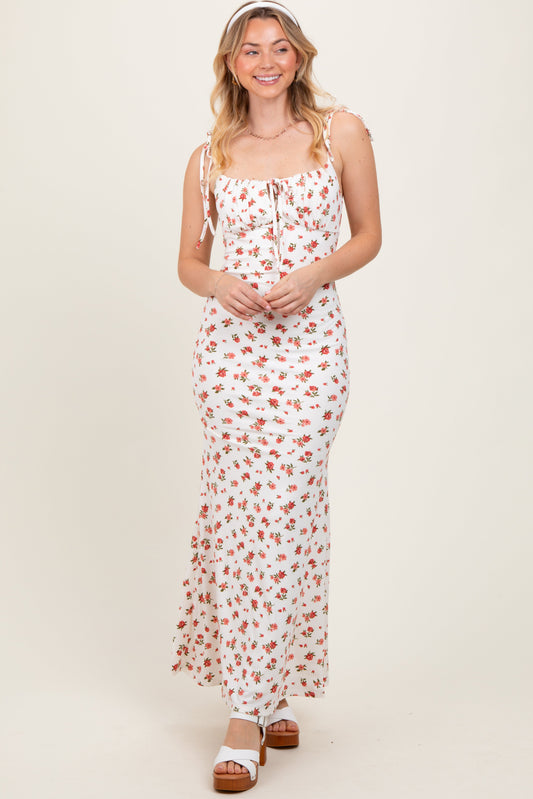 Red Ribbed Floral Shoulder Tie Maxi Dress