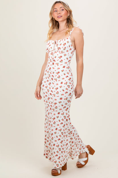 Red Ribbed Floral Shoulder Tie Maxi Dress