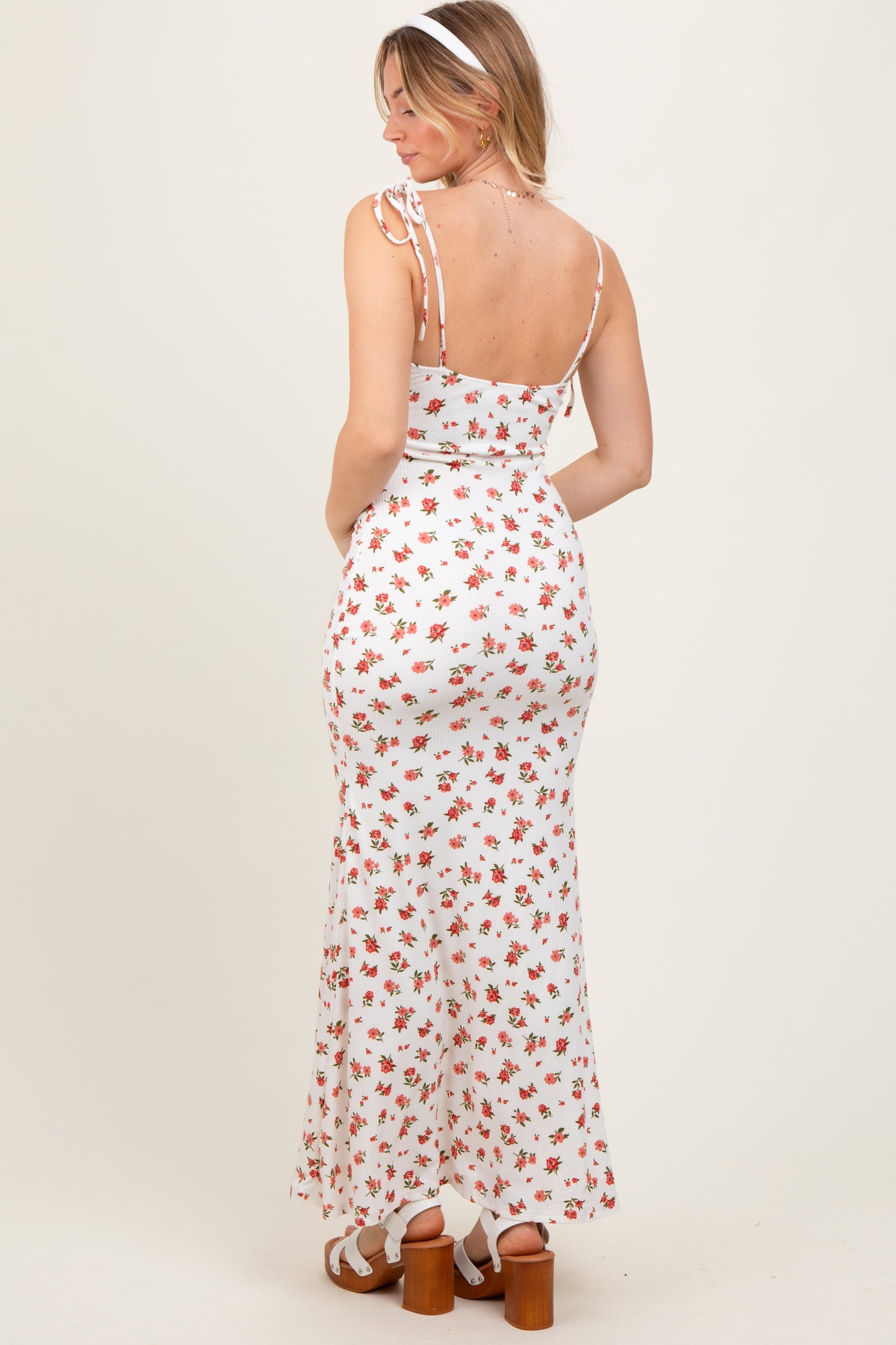 Red Ribbed Floral Shoulder Tie Maxi Dress