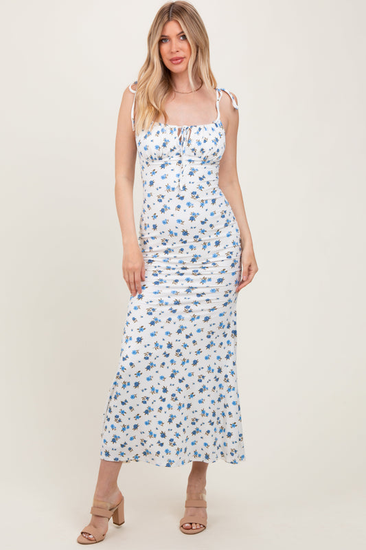 Blue Ribbed Floral Shoulder Tie Maxi Dress