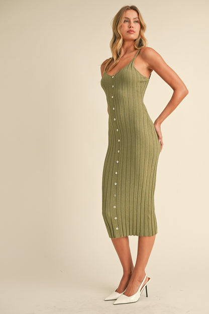 Olive Sleeveless Button Accent Knit Midi Dress