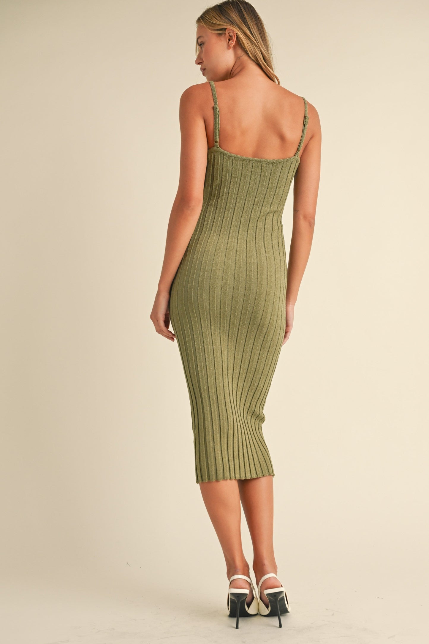 Olive Sleeveless Button Accent Knit Midi Dress
