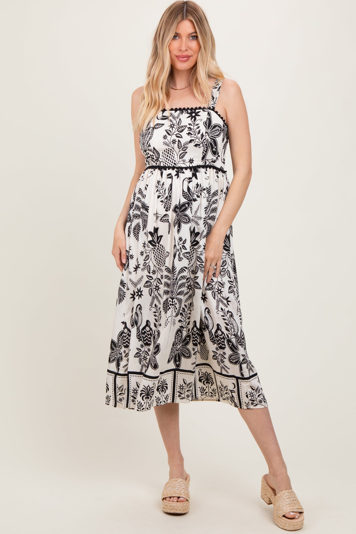 Black Floral Scallop Trim Midi Dress