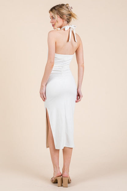 White Halter Tied Criss-Cross Ribbed Midi Dress