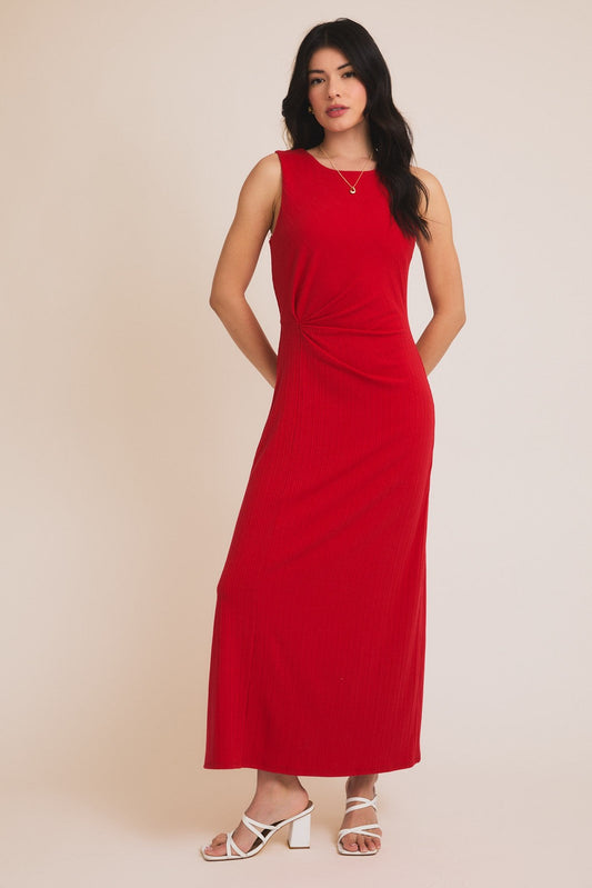 Red Gathered Waist Sleeveless Maxi Dress