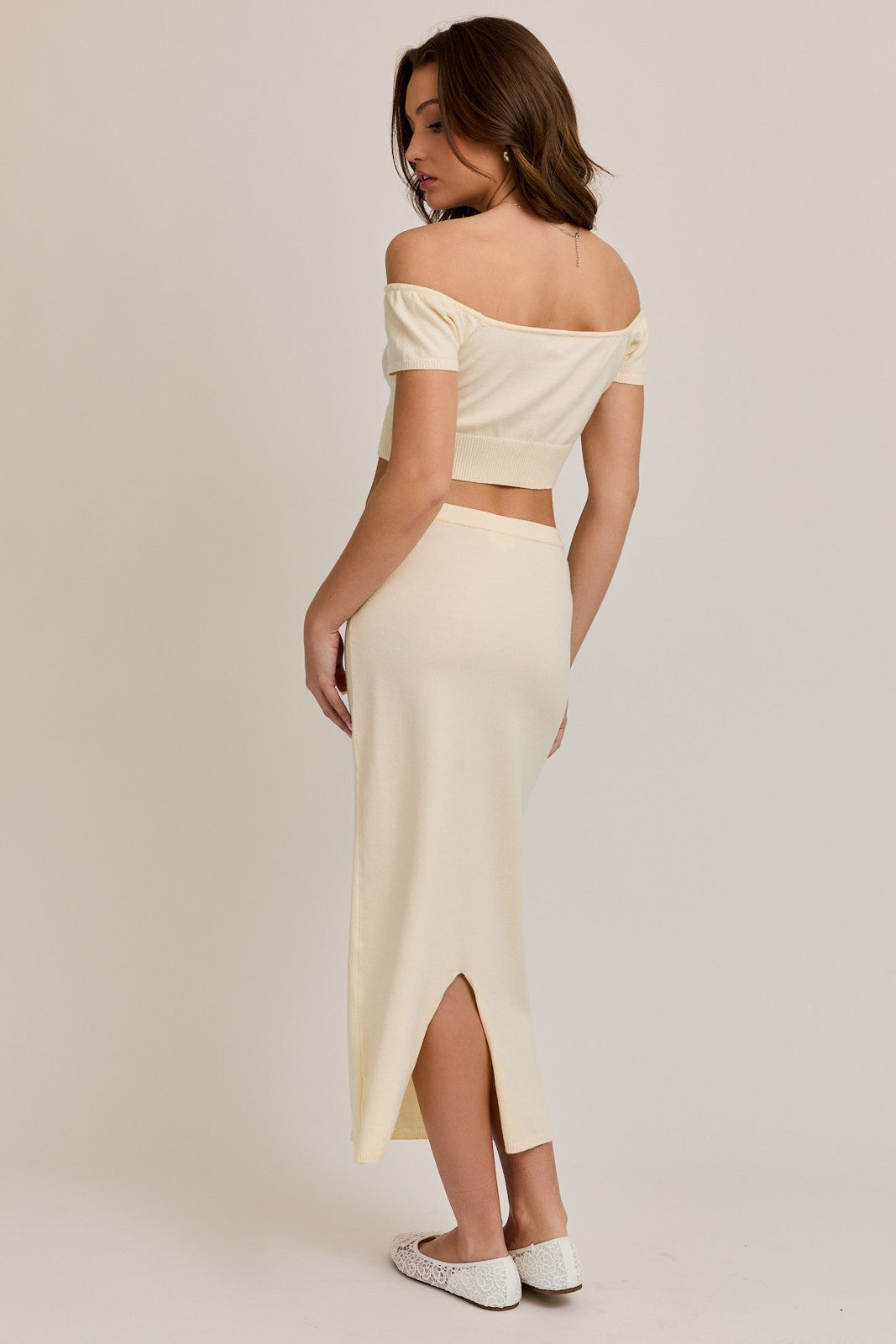 Cream Knit Off Shoulder Crop Top Maxi Skirt Set