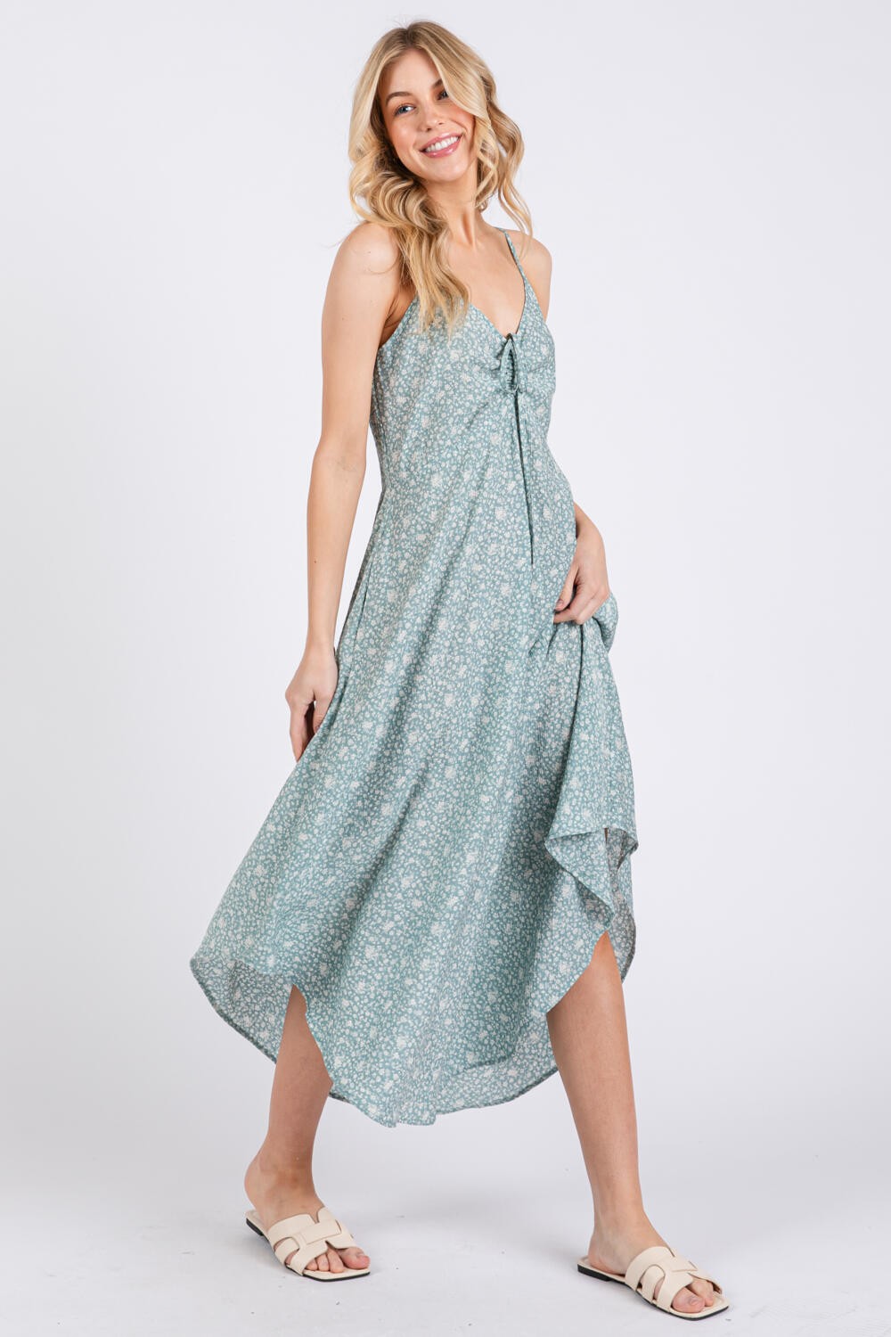 Mint Floral Cinched Front Tie Midi Dress
