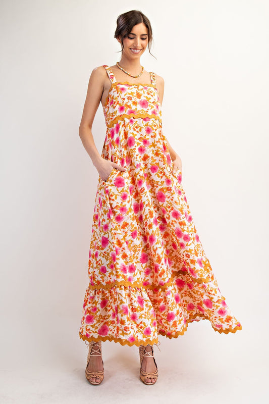 Peach Floral Contrast Wavy Trim Maxi Dress