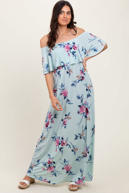 Mint Off Shoulder Floral Ruffle Maxi Dress