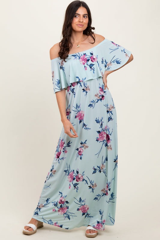 Mint Off Shoulder Floral Ruffle Maxi Dress