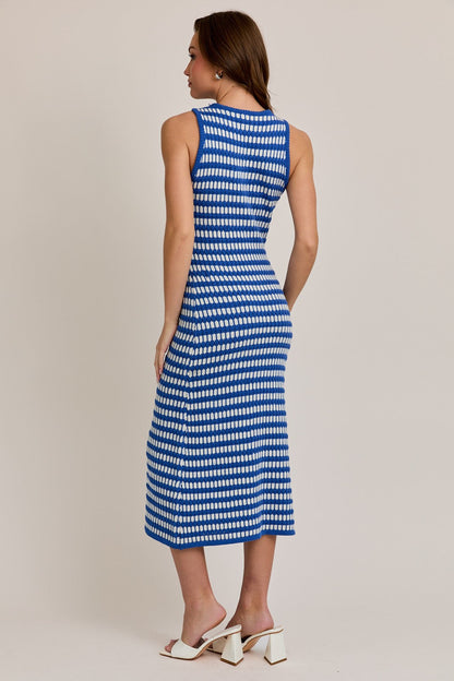 Blue-White Stripe Sleeveless Round Neck Knit Midi Dress