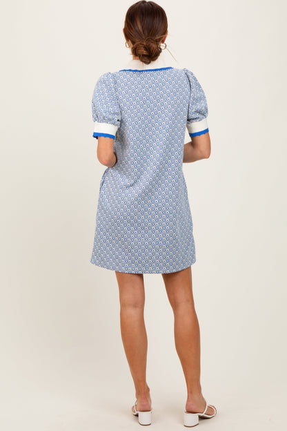 Blue Diamond Print Crochet Trim Polo Dress