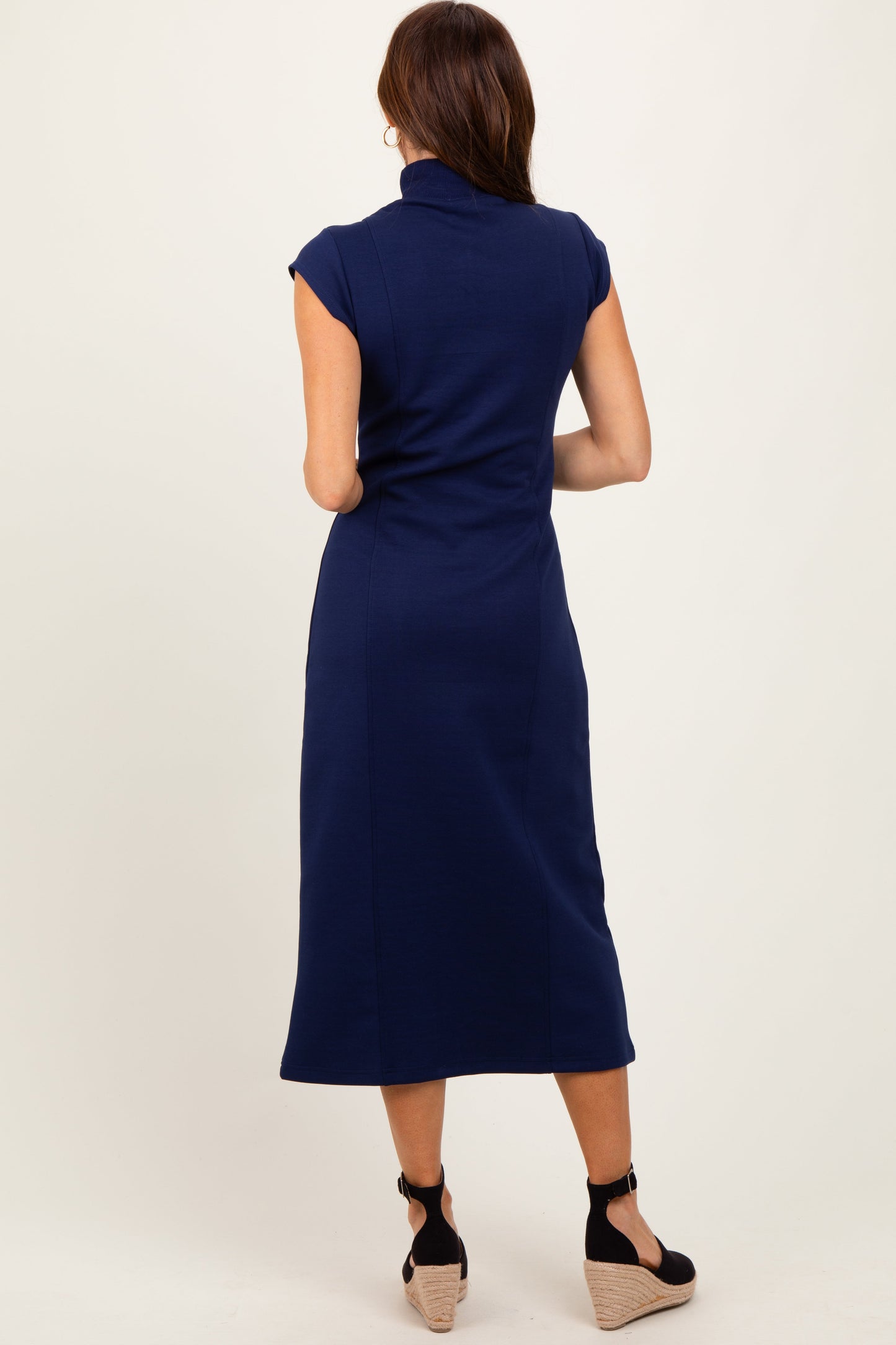 Navy Mock Neck Short Sleeve Midi Dress