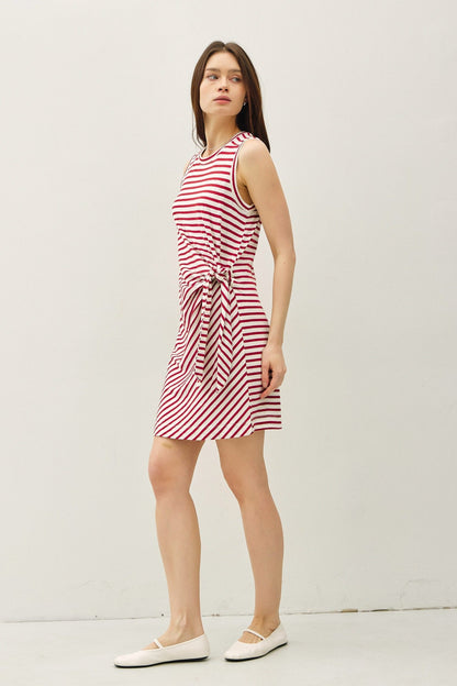 Red Striped Sleeveless Side Tie Mini Dress