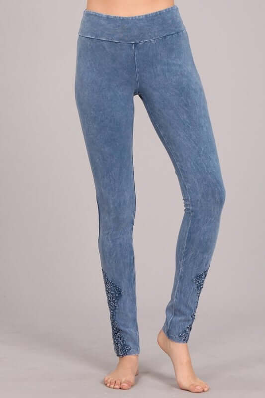 Mineral Washed Jeggings Crochet Ankle Detail Made in USA