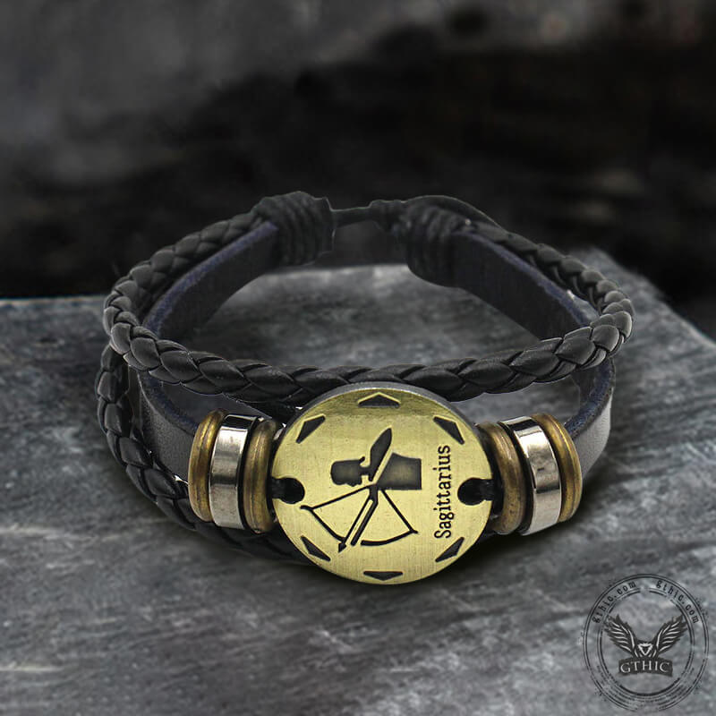 12 Zodiac Brass Leather Bracelet