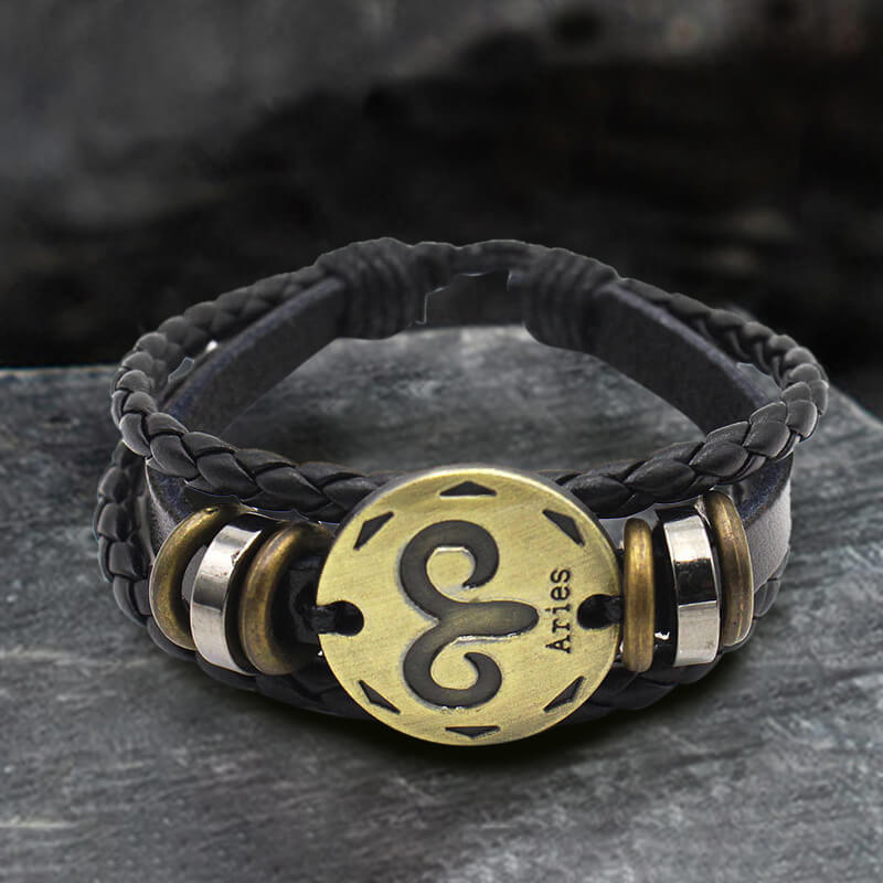 12 Zodiac Brass Leather Bracelet