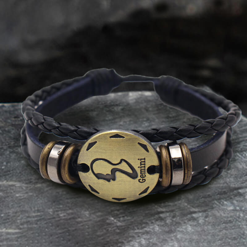 12 Zodiac Brass Leather Bracelet